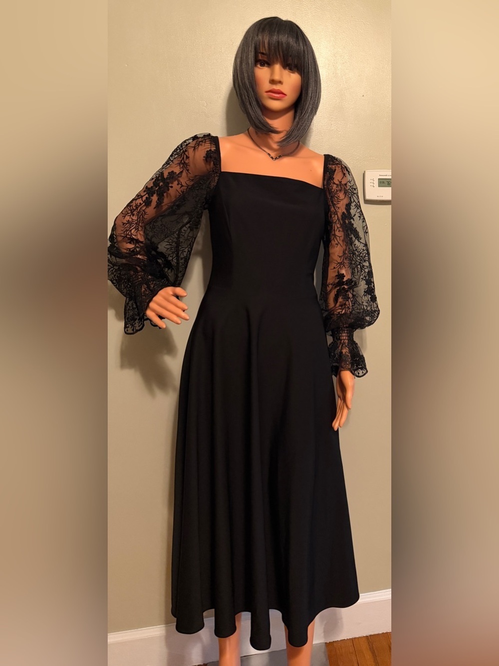 Vinted Black Square-Neck Long Sleeve Dress with Lace Bishop Sleeves